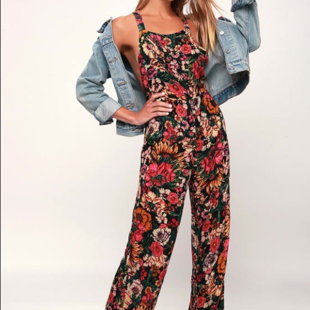 Still Here Black Floral Print Overalls